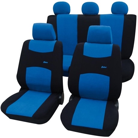 Set huse pentru scaune auto PETEX Colori 38874805PX, montare fata si spate, albastru/negru, din poliester, universale