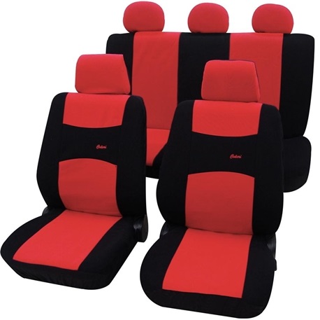 Set huse pentru scaune auto PETEX Colori 38874812PX, montare fata si spate, rosu/negru, din poliester, universale