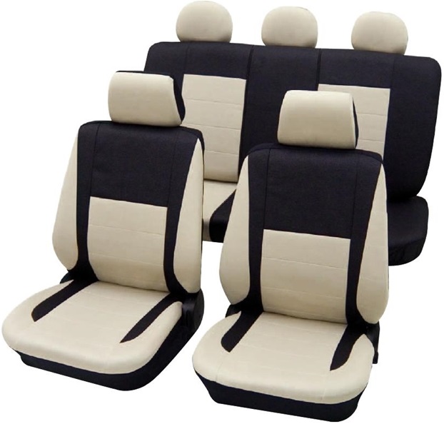 Set huse pentru scaune auto PETEX Elegance 25274909PX, montare fata si spate, bej/negru, pentru airbag lateral, din poliester, universale