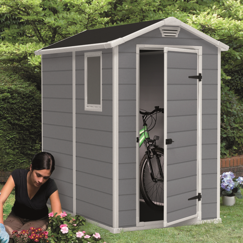 Casuta de gradina KETER Manor 4x6 255138, 130 x 192 x 198 cm, cu usa simpla, material composit rasini, bej/maro, panou de ventilatie