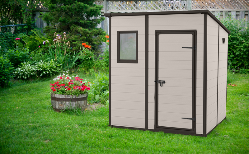 Casuta de gradina KETER Manor Penthouse 6x6 255142, 183.5 x 185 x 200.5 cm, cu usa simpla, material composit rasini, bej/maro, cu fereastra