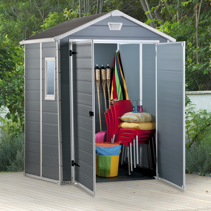 Casuta de gradina KETER Manor 6x5 DD 255139, 185 x 152 x 226 cm, cu usa dubla, material composit rasini, bej/maro, cu fereastra