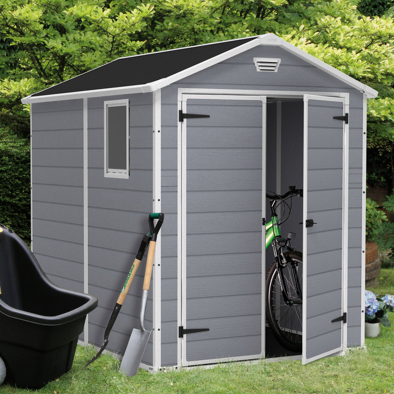 Casuta de gradina KETER Manor 6x8 DD 255140, 185.8 x 236.8 x 227 cm, cu usa dubla, material composit rasini, bej/maro, cu fereastra