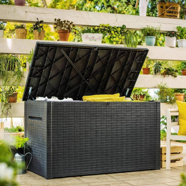 Lada de depozitare pentru gradina KETER Java Rattan 236041, volum 850 litri, 147 x 82 x 86 cm, plastic, antracit