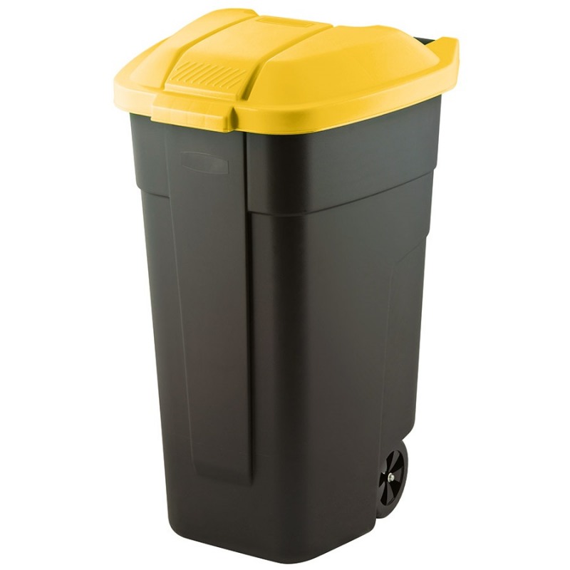 Cos pentru gunoi negru KETER Refuse 214128, capac galben, 58 x 52 x 88 cm, cu roti transport, volum 110 litri