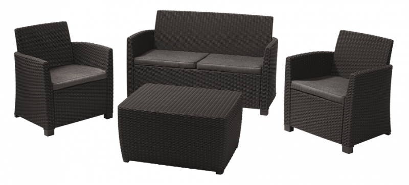 Set mobilier gradina KETER Corona 231616, masa dreptunghiulara cu spatiu de depozitare, canapea cu 2 locuri, 2 fotolii, 4 perne, grafit, polipropilena