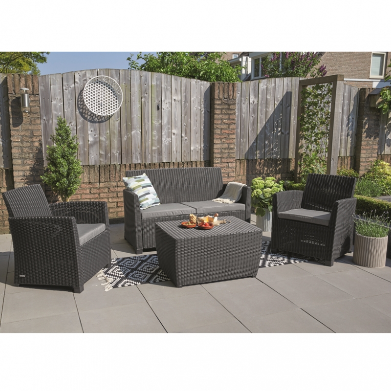 Set mobilier gradina KETER Corona 231616, masa dreptunghiulara cu spatiu de depozitare, canapea cu 2 locuri, 2 fotolii, 4 perne, grafit, polipropilena