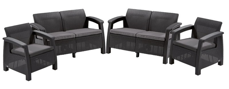 Set mobilier gradina KETER Corfu Rest 241725, 2 canapele cu 2 locuri, 2 fotolii, 6 perne, fara masa, grafit, material polipropilena