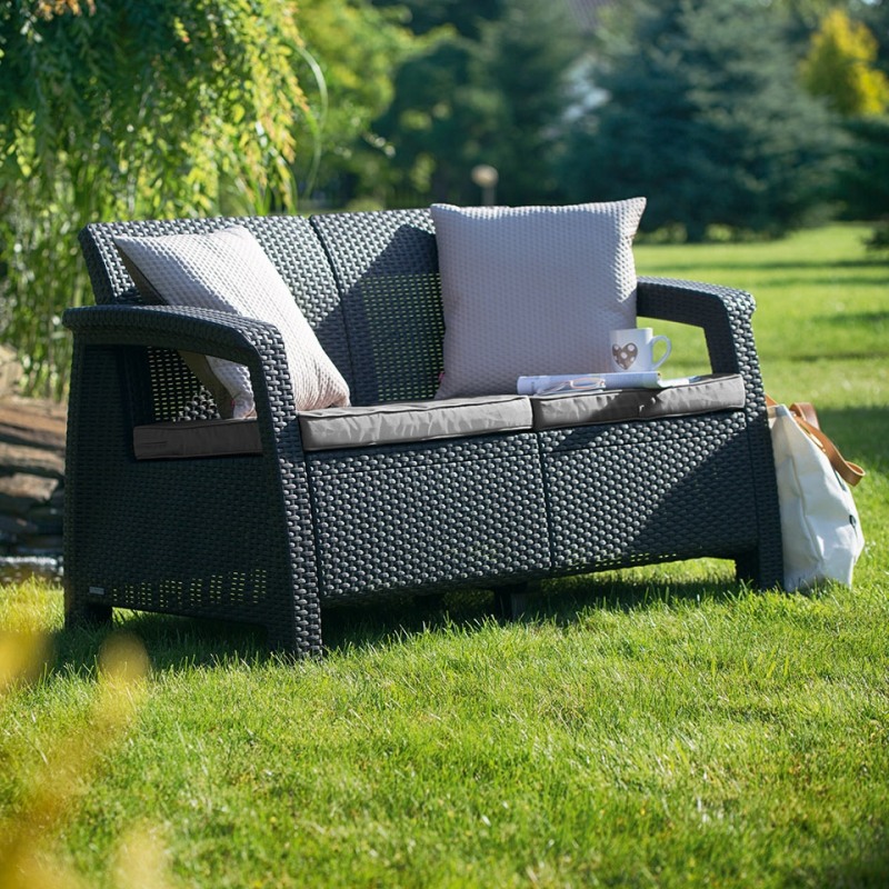 Set mobilier gradina KETER Corfu Rest 241725, 2 canapele cu 2 locuri, 2 fotolii, 6 perne, fara masa, grafit, material polipropilena