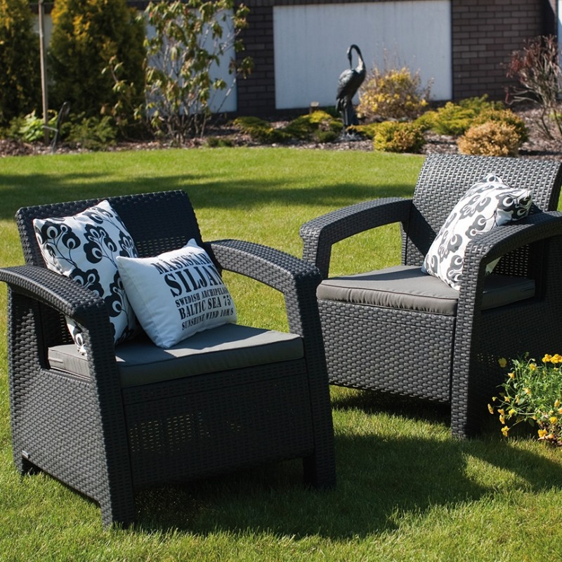 Set mobilier gradina KETER Corfu Rest 241725, 2 canapele cu 2 locuri, 2 fotolii, 6 perne, fara masa, grafit, material polipropilena