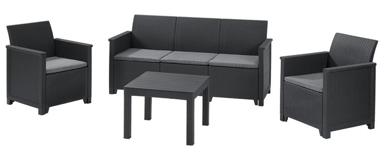 Set mobilier gradina KETER Emma 246150, canapea cu 3 locuri, 2 fotolii, masa de cafea, 5 perne, grafit, polipropilena
