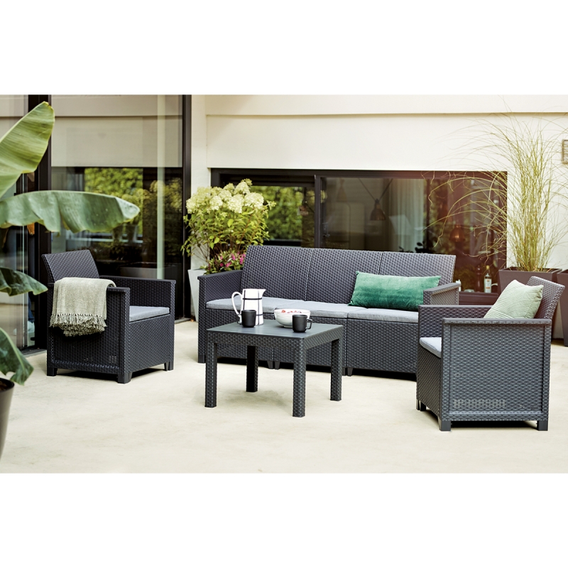 Set mobilier gradina KETER Emma 246150, canapea cu 3 locuri, 2 fotolii, masa de cafea, 5 perne, grafit, polipropilena
