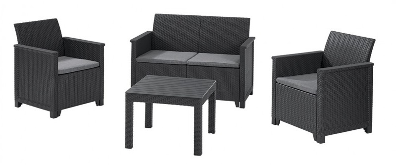 Set mobilier gradina KETER Emma 246158, canapea cu 2 locuri, 2 fotolii, masuta de cafea, 4 perne, grafit, polipropilena