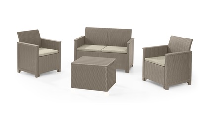 Set mobilier gradina KETER Elodie 254091, canapea cu 2 locuri, 2 fotolii, masa cu spatiu de depozitare, 4 perne, din polipropilena, cappuccino