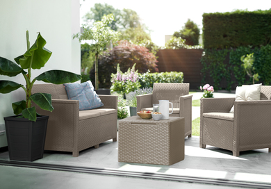 Set mobilier gradina KETER Elodie 254091, canapea cu 2 locuri, 2 fotolii, masa cu spatiu de depozitare, 4 perne, din polipropilena, cappuccino
