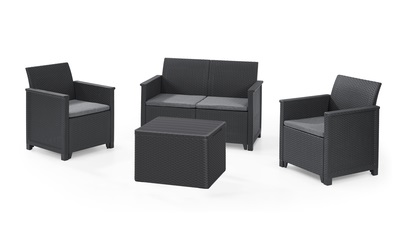 Set mobilier gradina KETER Elodie 253948, canapea cu 2 locuri, 2 fotolii, masa cu spatiu de depozitare, 4 perne, din polipropilena, grafit
