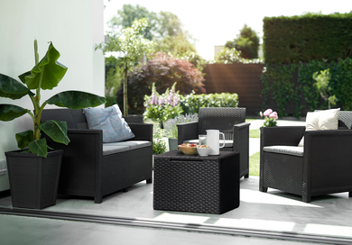 Set mobilier gradina KETER Elodie 253948, canapea cu 2 locuri, 2 fotolii, masa cu spatiu de depozitare, 4 perne, din polipropilena, grafit