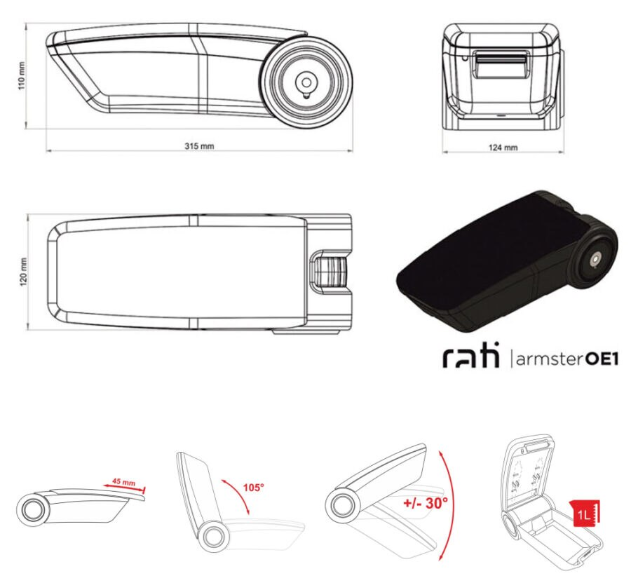 Cotiera auto rabatabila RATI Armster OE1 V01540RA, capac din piele ecologica, neagra,pentru Citroen C4, 2021, pentru model fara cotiera din fabrica
