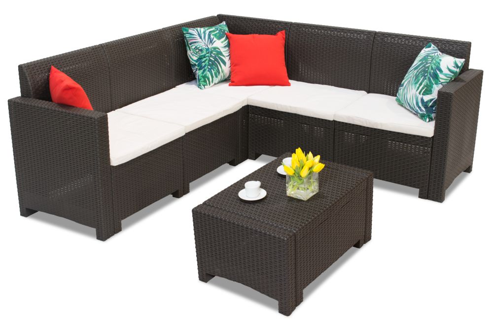 Set mobilier gradina si terasa BICA Nebraska Corner Maro, 9075.3, canapea tip coltar cu 5 locuri, masuta de cafea, perne incluse, imitatie ratan