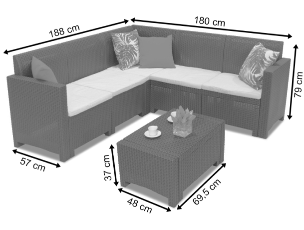 Set mobilier gradina si terasa BICA Nebraska Corner Maro, 9075.3, canapea tip coltar cu 5 locuri, masuta de cafea, perne incluse, imitatie ratan