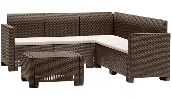 Set mobilier gradina si terasa BICA Nebraska Corner Maro, 9075.3, canapea tip coltar cu 5 locuri, masuta de cafea, perne incluse, imitatie ratan