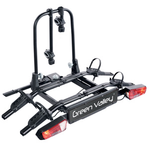 Suport auto 2 biciclete GREEN VALLEY E-BIKE Explorer 160674GV, prindere pe carlig de remorcare, cu semnalizare, aluminiu-plastic, negru
