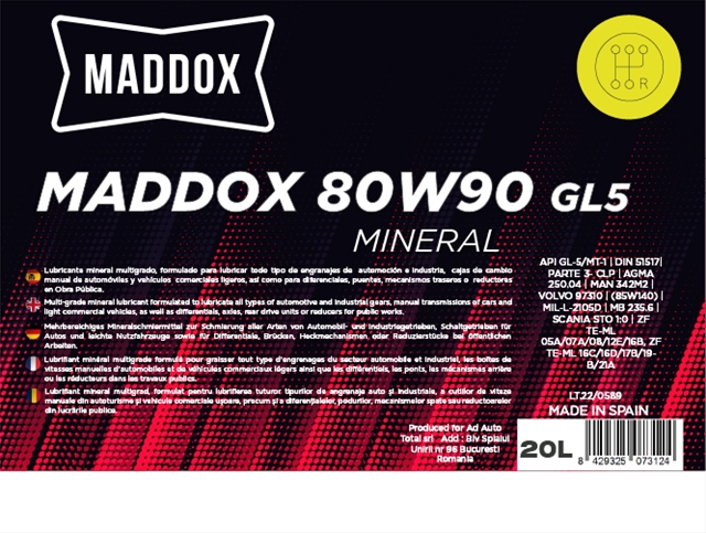 Ulei transmisie MADDOX 80W90 GL5 MDX80W90GL5/20, volum 20 litri, mineral