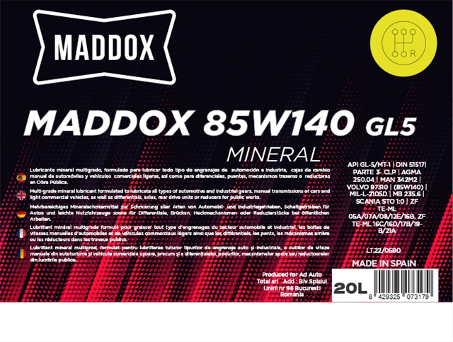 Ulei transmisie MADDOX 85W140 GL5 MDX85W140GL5/20, volum 20 litri, mineral