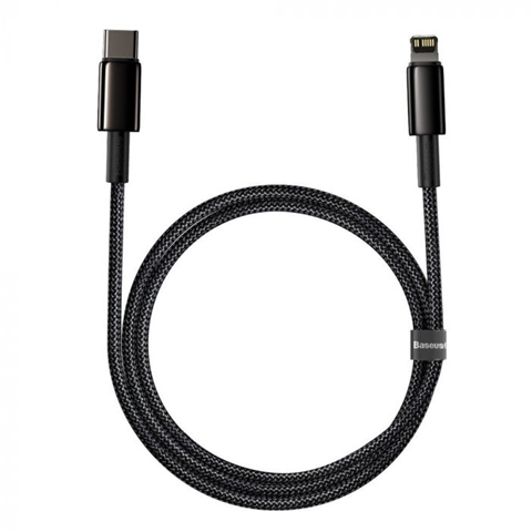 Cablu telefon fast charging BASEUS 6953156232037AE, USB Type-C la Lightning, negru, lungime 1 metru, impletitura textila