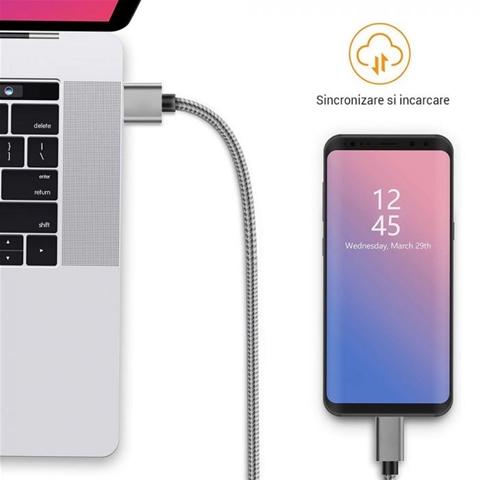 Cablu telefon LEMONTTI 6420628041737AE, USB Type-C, gri, lungime 1.5 metri, impletitura textila
