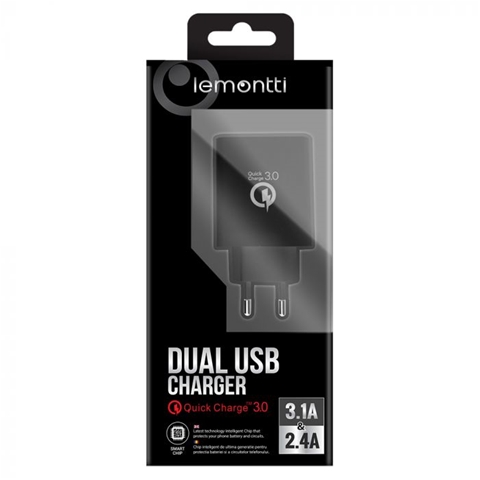 Incarcator retea pentru telefon LEMONTTI 6420628041652AE, Quick Charge, dual USB, negru