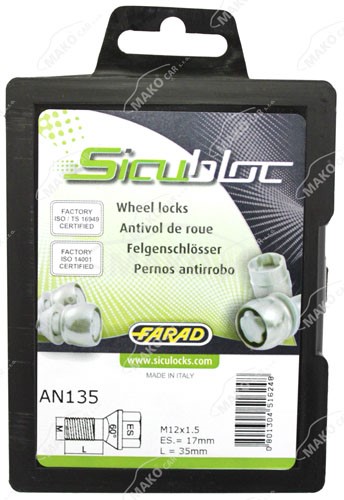 Set suruburi antifurt roti SICUBLOC AN135, M12 x 1.50 x 35, hexagon, cheie 17, din otel zincat