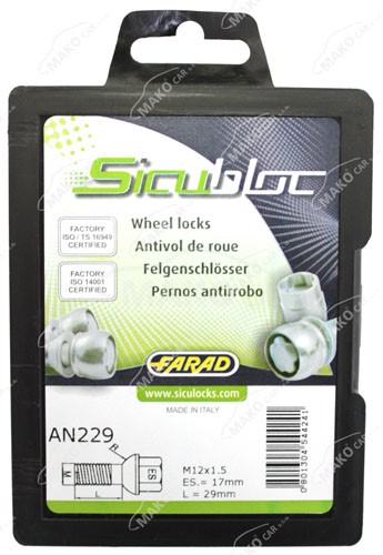 Set suruburi antifurt roti SICUBLOC AN229, M12 x 1.50 x 29, hexagon, cheie 17, din otel zincat
