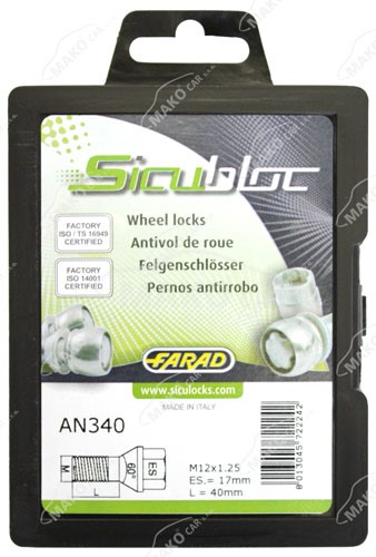 Set suruburi antifurt roti SICUBLOC AN340, M12 x 1.25 x 40, hexagon, cheie 17, din otel zincat