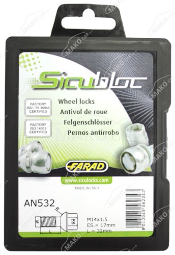 Set suruburi antifurt roti SICUBLOC AN532, M14 x 1.50 x 32, hexagon, cheie 17, din otel zincat