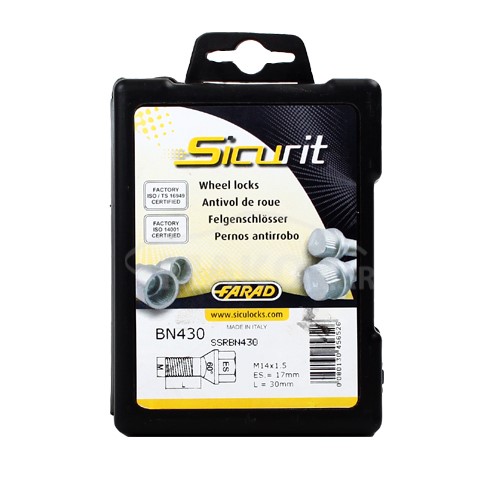 Set suruburi antifurt roti SICURIT BN430, M14 x 1.50 x 30, hexagon, cheie 17, din otel zincat