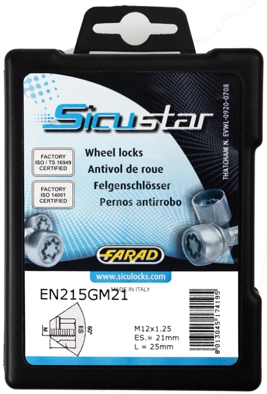 Set suruburi antifurt roti SICUSTAR EN215GM21, M12 x 1.25 x 25, hexagon, cheie 21, otel zincat