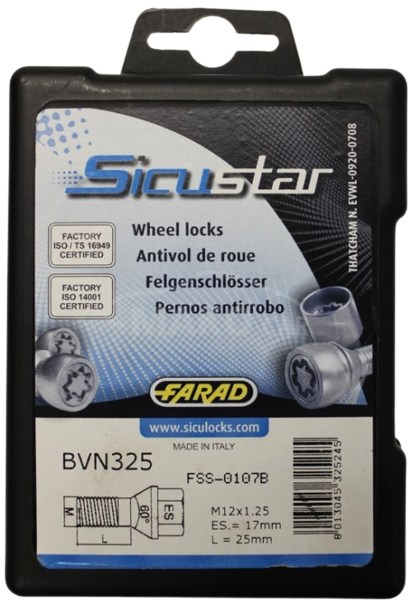 Set suruburi antifurt roti SICUSTAR BVN325, M12 x 1.25 x 25, negre, hexagon, cheie 17, otel zincat