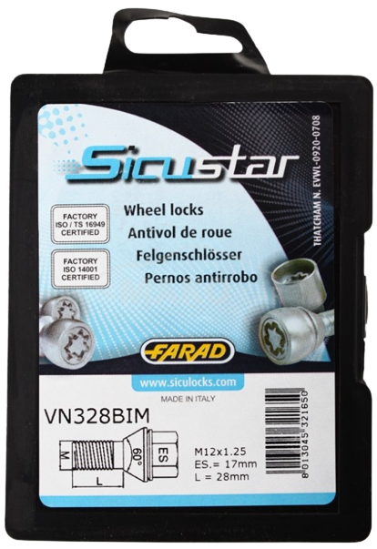 Set suruburi antifurt roti SICUSTAR VN328BIM, M12 x 1.25 x 28, hexagon, cheie 17, otel zincat