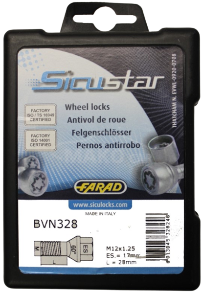 Set suruburi antifurt roti SICUSTAR BVN328, M12 x 1.25 x 28, negre, hexagon, cheie 17, otel zincat