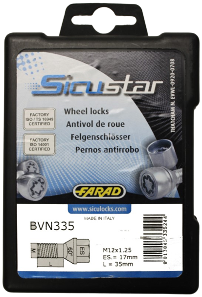 Set suruburi antifurt roti SICUSTAR BVN335, M12 x 1.25 x 35, negre, hexagon, cheie 17, otel zincat