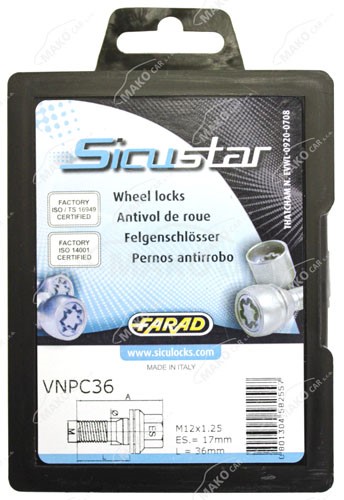 Set suruburi antifurt roti SICUSTAR VNPC36, M12 x 1.25 x 36, hexagon, cheie 17, otel zincat