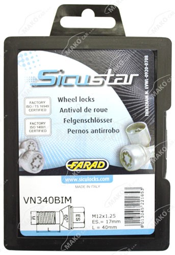 Set suruburi antifurt roti SICUSTAR VN340BIM, M12 x 1.25 x 40, hexagon, cheie 17, otel zincat