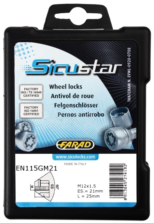 Set suruburi antifurt roti SICUSTAR EN115GM21, M12 x 1.50 x 25, hexagon, cheie 21, otel zincat