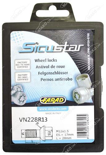 Set suruburi antifurt roti SICUSTAR VN228R13, M12 x 1.50 x 28, R13, hexagon, cheie 17, otel zincat