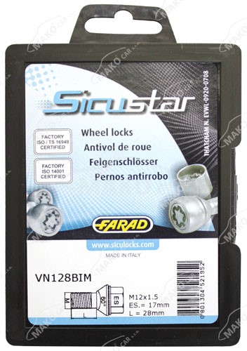 Set suruburi antifurt roti SICUSTAR VN128BIM, M12 x 1.50 x 28, hexagon, cheie 17, otel zincat