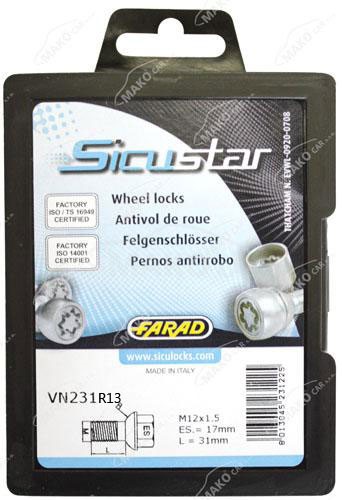 Set suruburi antifurt roti SICUSTAR VN231R13, M12 x 1.50 x 31, R13, hexagon, cheie 17, otel zincat