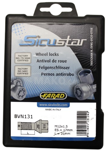 Set suruburi antifurt roti SICUSTAR BVN131, M12 x 1.50 x 31, negre, hexagon, cheie 17, otel zincat