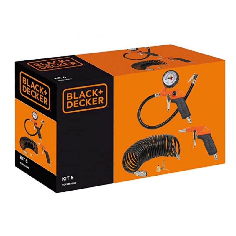 Kit 6 accesorii compresor BLACK & DECKER 9045854BND, pistol de umflat, pistol de suflat, furtun spiralat 5 m, 3 duze
